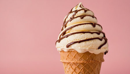 Vanilla ice cream in a waffle cone on a pink backgroundの素材