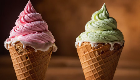 ice cream in waffle cones on a wooden background, close upの素材