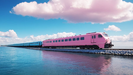 Train on the water with clouds in the sky. 3d renderingの素材