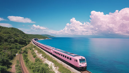 Aerial view of a train running on the coast in the summerの素材