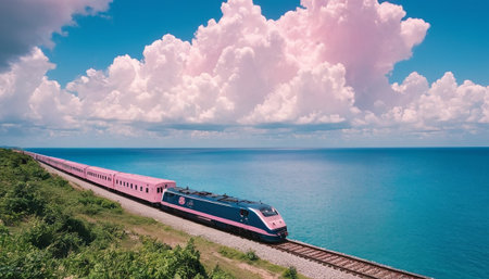 Train on the sea and blue sky with clouds. Travel concept.の素材
