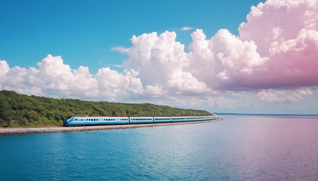 Train on the sea and blue sky with clouds. Panorama.の素材