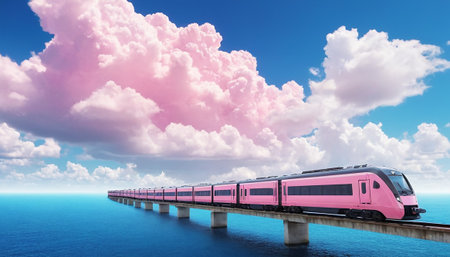 Train on the bridge over the sea with clouds and sky background.の素材