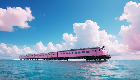 Train in the sea with blue sky and white clouds. Travel conceptの素材