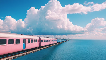 Train on the sea and blue sky with clouds, panoramic viewの素材