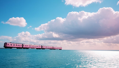 Train on the sea with blue sky and white clouds in the backgroundの素材