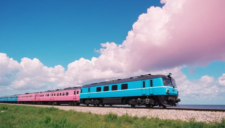 Train on the background of blue sky with clouds. Travel concept.の素材