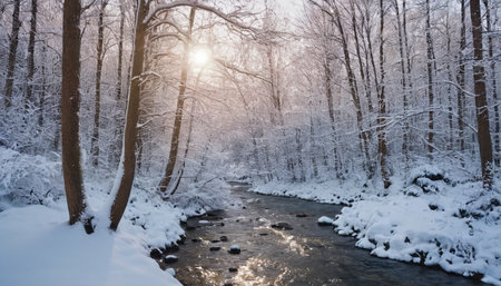 Beautiful winter landscape with snow-covered trees and river in the forestの素材