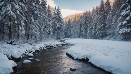 Beautiful winter landscape with a river in the Carpathian mountainsの素材