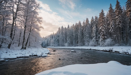 Beautiful winter landscape with the river and the forest in the backgroundの素材