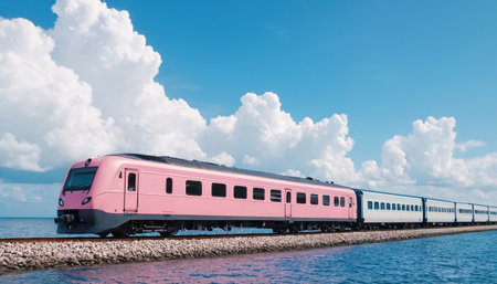 Train on the sea with blue sky and white clouds in background.の素材