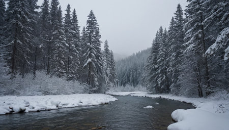 Winter landscape with snow covered trees and river in Carpathian mountainsの素材