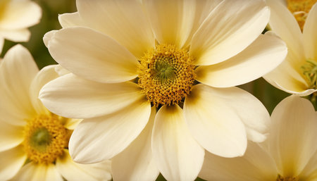Close up of white daisy flowers with yellow petals and yellow centerの素材