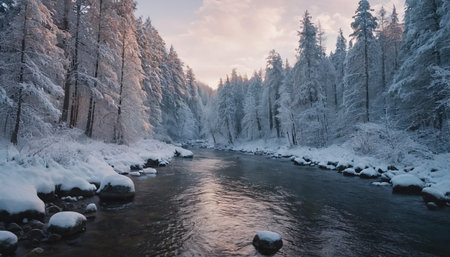 Beautiful winter landscape with snow-covered river and coniferous forestの素材