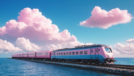 Train on the pier against blue sky with clouds. 3d renderingの素材