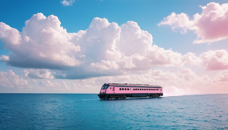 Pink train on the sea at sunset. Traveling by train conceptの素材