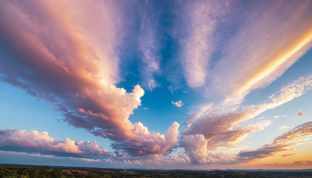 Beautiful sunset sky with clouds. Panoramic view from drone.の素材