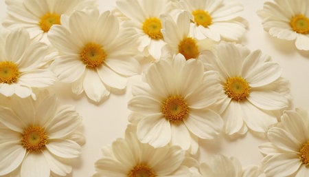 White daisies on a white background. Flat lay, top view.の素材