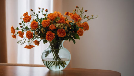 Bouquet of orange flowers in a glass vase on a wooden tableの素材
