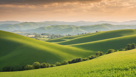 Rural landscape in Tuscany, Italy. Green hills at sunriseの素材