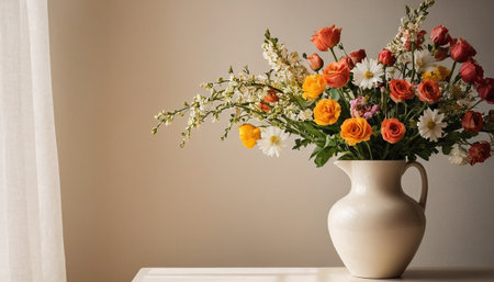 Bouquet of flowers in a vase on a white tableの素材