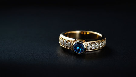 Wedding ring with blue sapphire on a black backgroundの素材