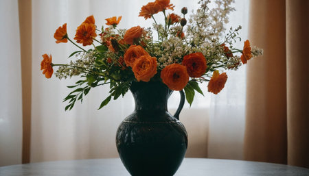 Bouquet of orange ranunculus and gypsophila flowers in vase on tableの素材