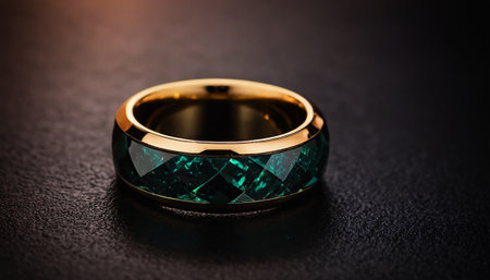 Wedding ring with emerald on black background, close upの素材