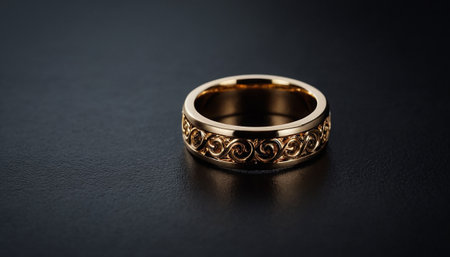 Gold wedding ring on a black background, close-up, selective focusの素材