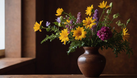 Bouquet of wildflowers in vase on wooden tableの素材