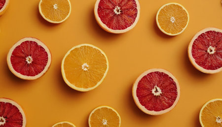 Creative layout made of citrus fruits on yellow background. Flat lay, top view.の素材