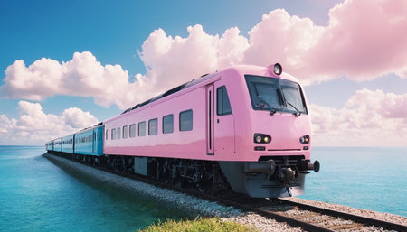 Purple train on the sea coast. Travel concept. 3d renderingの素材