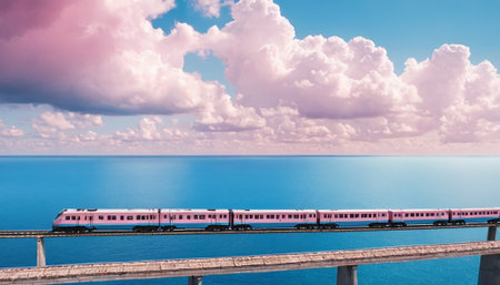 Train on the bridge over the sea and blue sky with clouds.の素材