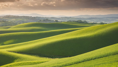 Tuscany landscape with green fields and hills at sunset, Italyの素材