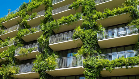 Modern apartment buildings with green plants on balconies in Barcelona, Spainの素材
