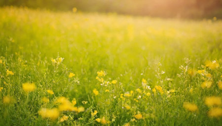 Sunset over a meadow with yellow wildflowers and green grassの素材