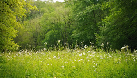 Beautiful spring landscape with meadow and forest in the background.の素材
