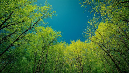 Green trees in the forest with blue sky background, nature series.の素材