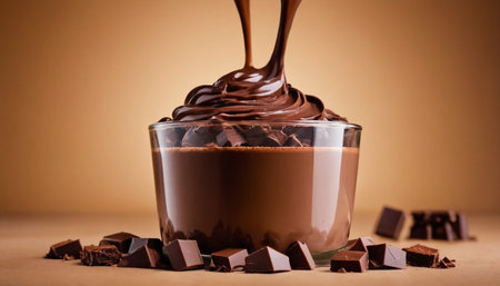 Hot chocolate in a glass and pieces of chocolate on a brown backgroundの素材