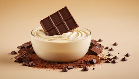 Cocoa in a glass bowl and chocolate on beige backgroundの素材