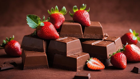 strawberries and chocolate on a brown background, close-upの素材