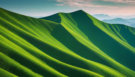Mountain landscape with green sand dunes and blue sky at sunriseの素材