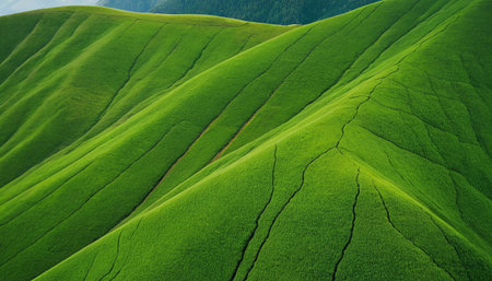 Beautiful green hills in the mountains, close-up of photoの素材