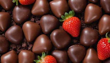 Chocolate candies with strawberries, close-up, top viewの素材