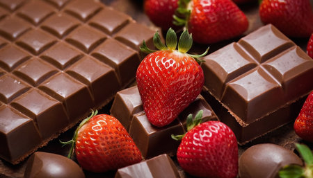 Strawberries and chocolate on wooden background. Selective focus.の素材