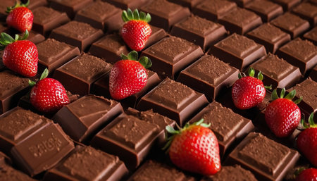 Delicious chocolate bars with strawberries on table, closeup. Delicious dessertの素材
