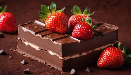 Chocolate cake with strawberries on a brown background. Selective focus.の素材