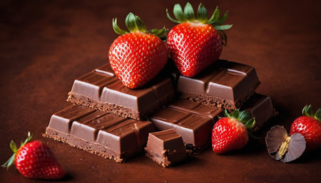 strawberry and chocolate on a brown background, close-upの素材