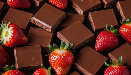 strawberries and chocolate on a dark background, close-upの素材