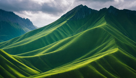 Landscape of green hills and mountains under cloudy sky in Georgia.の素材